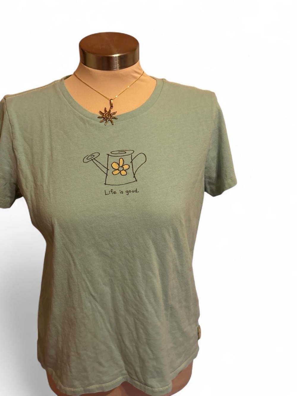 Life Is Good Sage Green Short Sleeve Tee with Watering Can Graphic